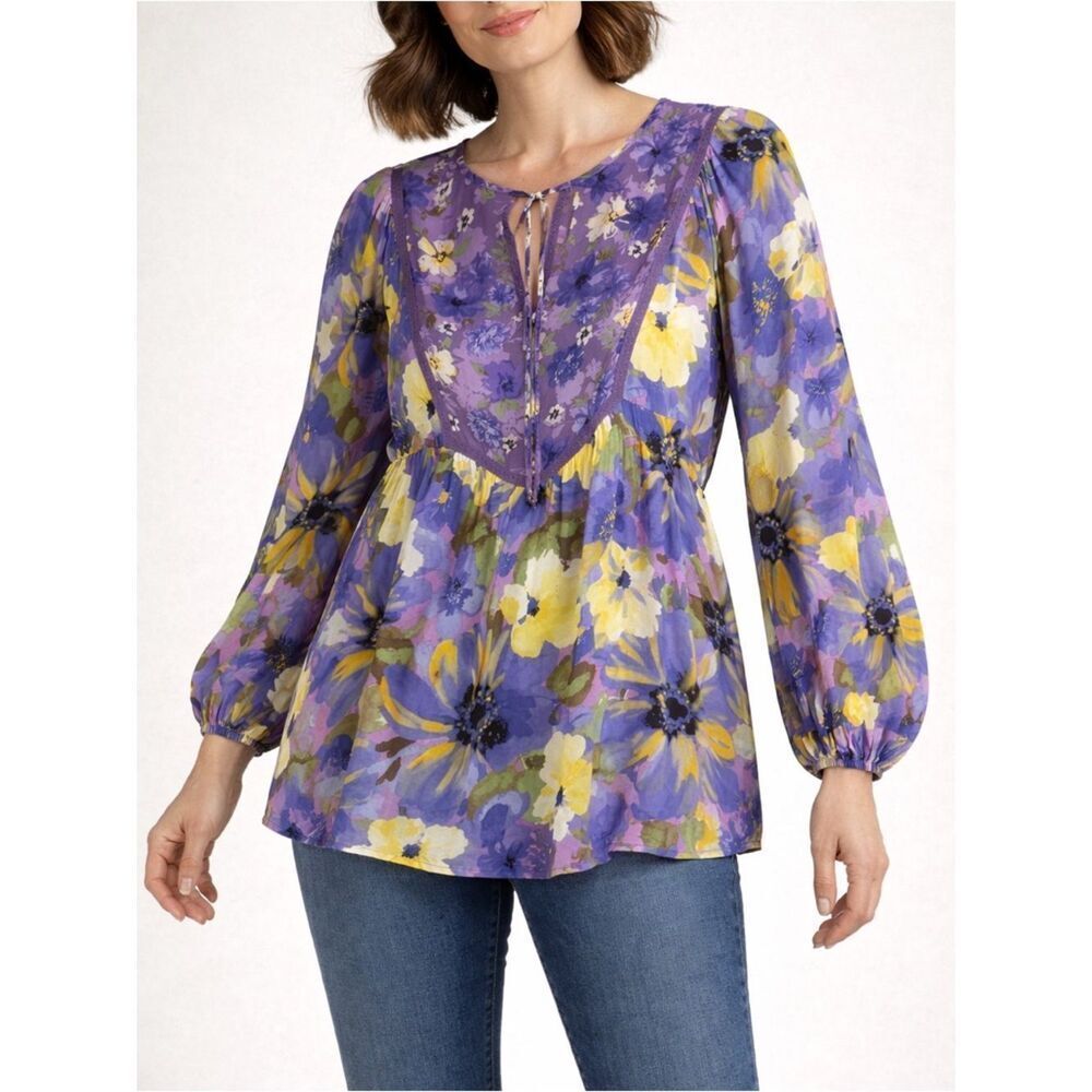 1775 Boutique Brand Purple Floral Boho Tunic Top Tie Neck Peasant Blouse Size L